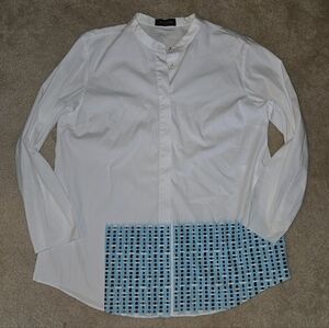 Piazza Sempione Italian white button up blouse blue black geometric Sz 6 top